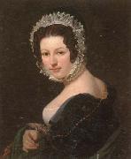 unknow artist Portrait of a young lady,half-length,wearing a black dress,with a green mantle,and a lace bonnet Germany oil painting reproduction
